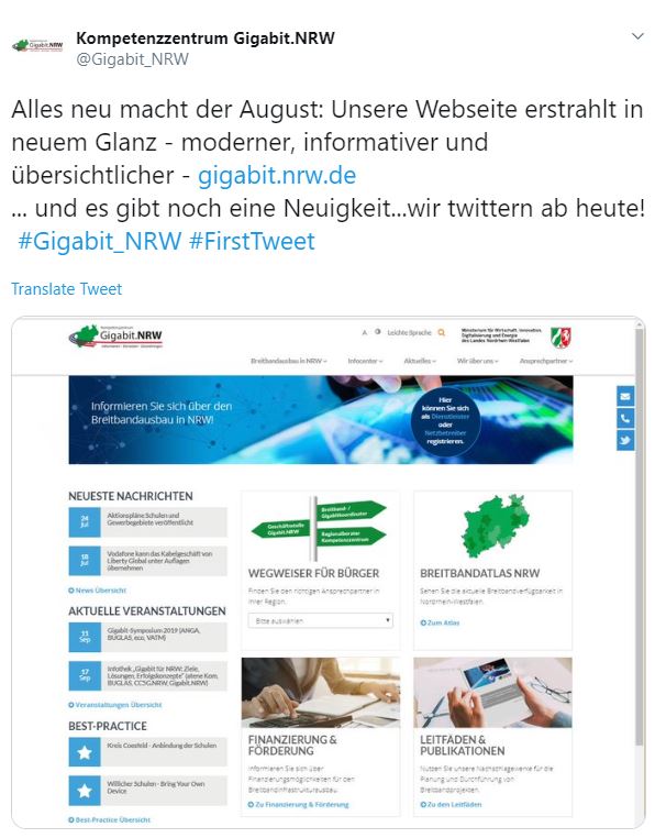 Erster Tweet Kompetenzzentrum Gigabit.NRW Twitter